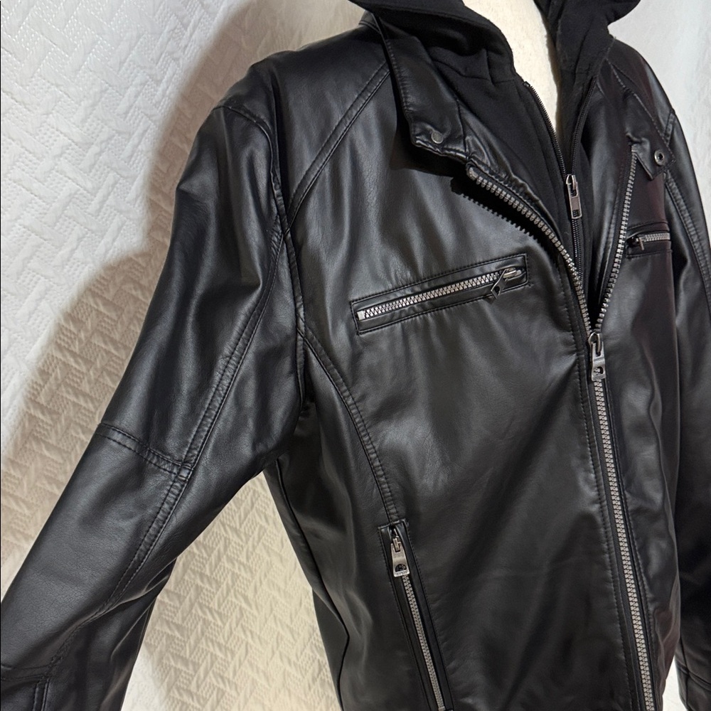 Guess Black Leather Bomber Jacket with Hood - Picture 2 of 5